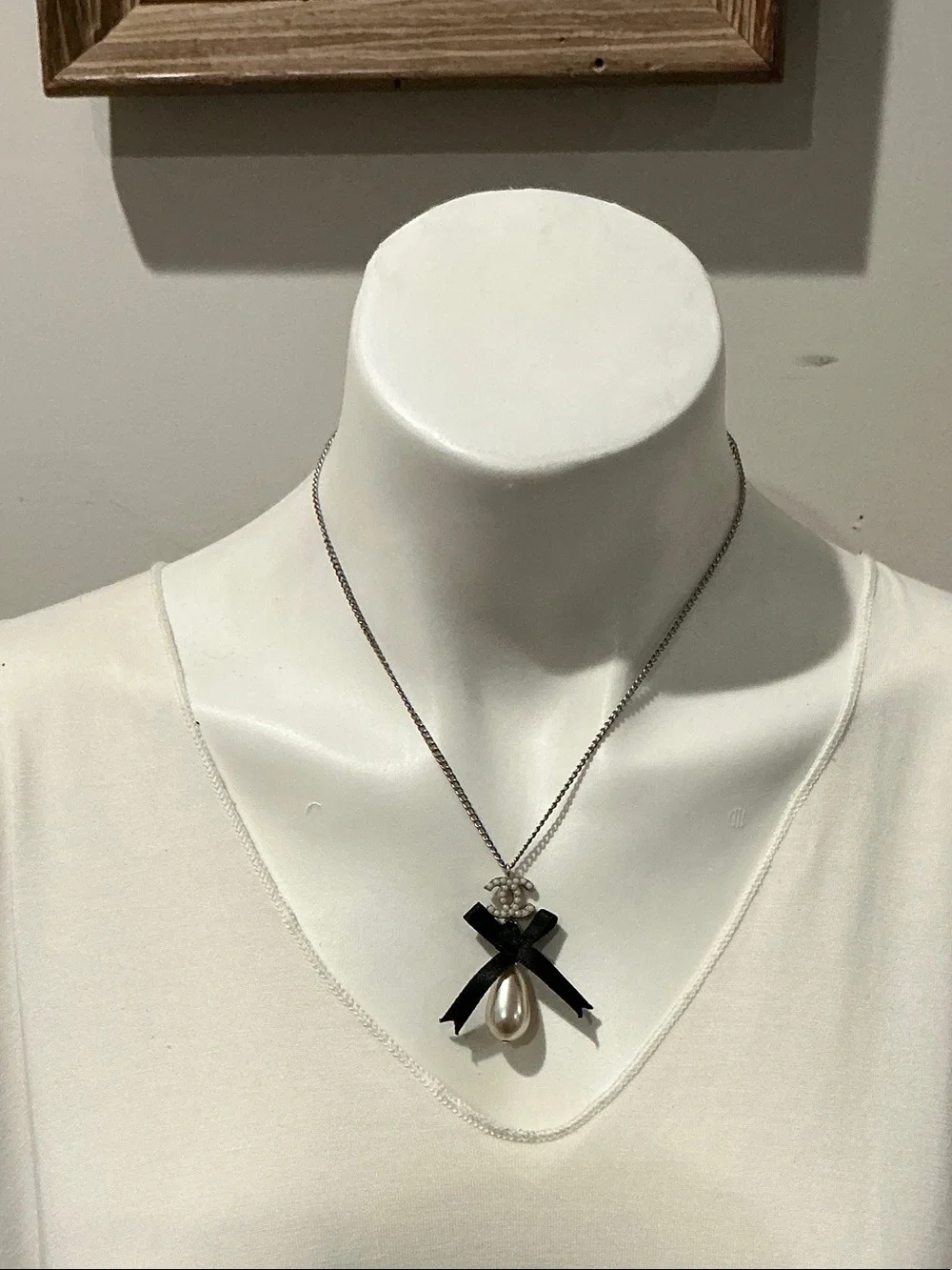 CHANEL Silver-Tone Necklace with Black Ribbon and Pearl Drop